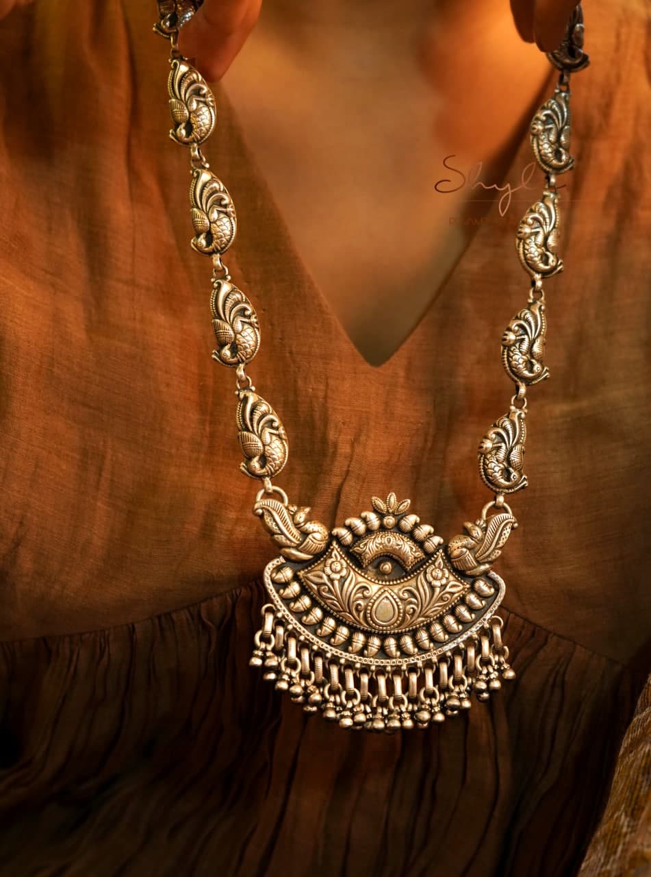 Anvaya Intricate Peacock Embossed Chandra Necklace