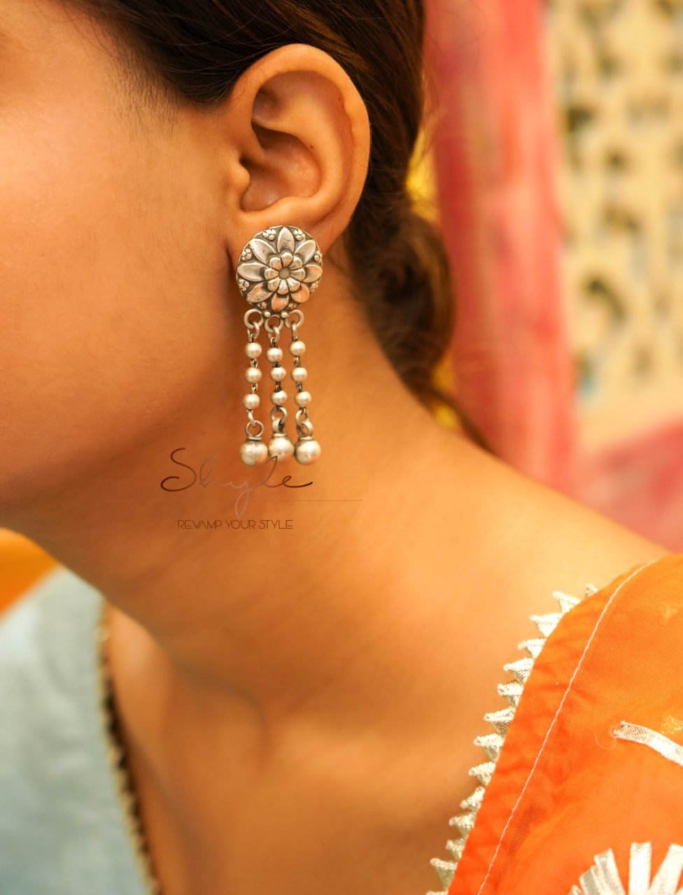Mizoya Embossed Flower Motif Ball Drop Earring