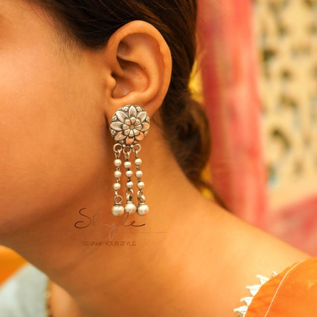 Mizoya Embossed Flower Motif Ball Drop Earring