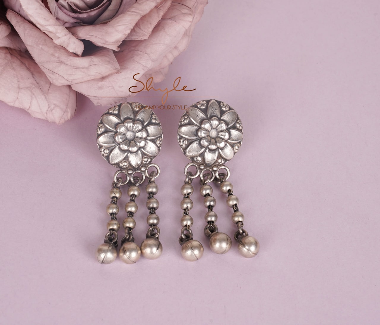 Mizoya Embossed Flower Motif Ball Drop Earring