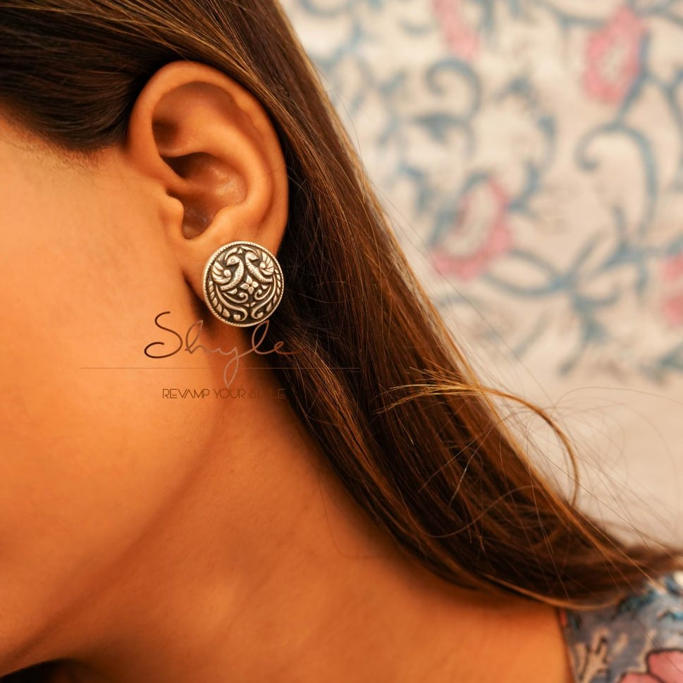 Adya Embossed Peacock Motif Intricate Stud Earring