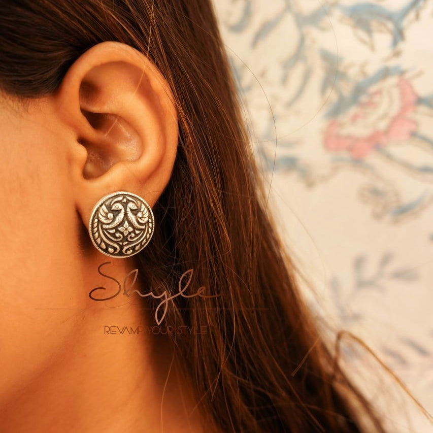 Adya Embossed Peacock Motif Intricate Stud Earring
