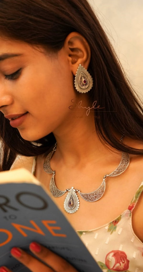 Mizoya Statement Drop Crescent Moon Earring Ring Necklace Set