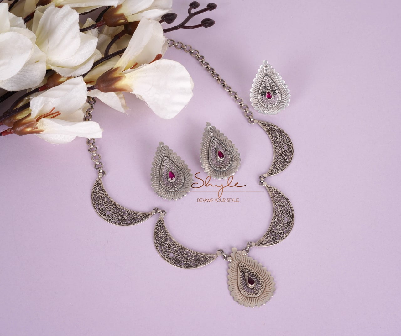 Mizoya Statement Drop Crescent Moon Earring Ring Necklace Set