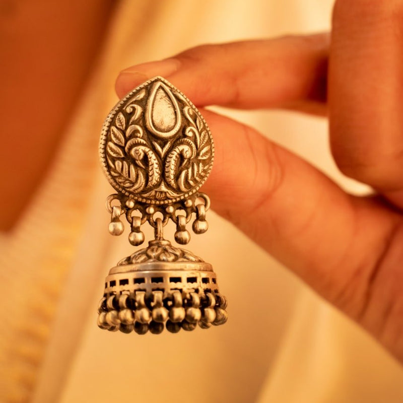 92.5 sterling silver Moh Peacock Motif Embossed Classic Jhumki