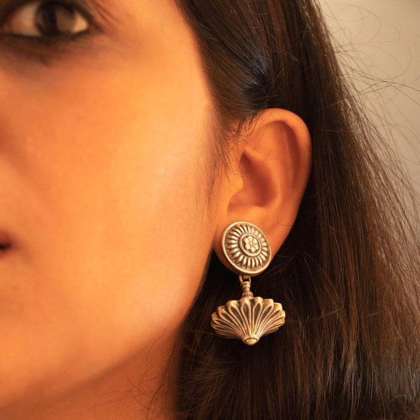 Mizoya Intricate Motif Embossed Flower Drop Earring