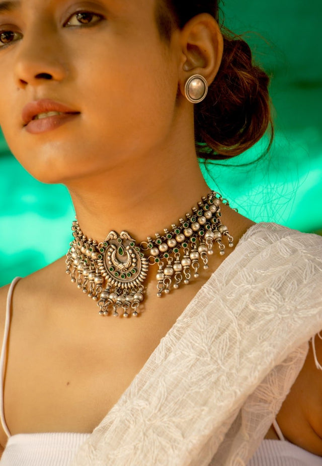 925 pure silver jadau green ghughri ball choker, alternate view