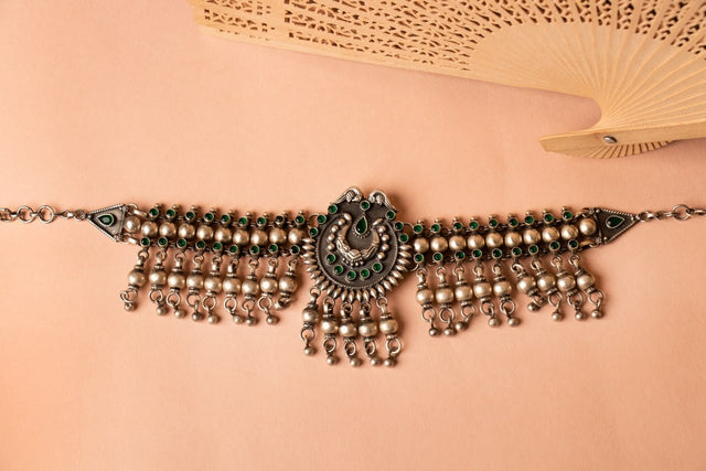 925 pure silver jadau green ghughri ball choker, detail view