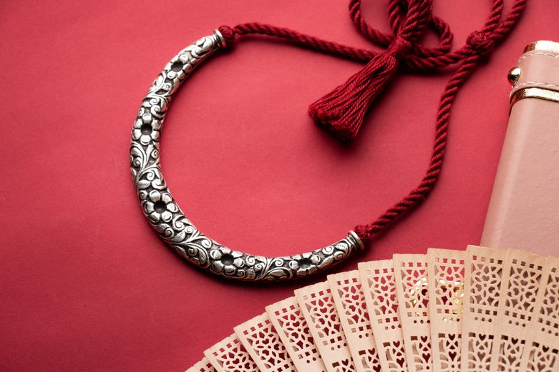 92.5 sterling silver Tattva Flora Detailed Embossed Hasli, view 4