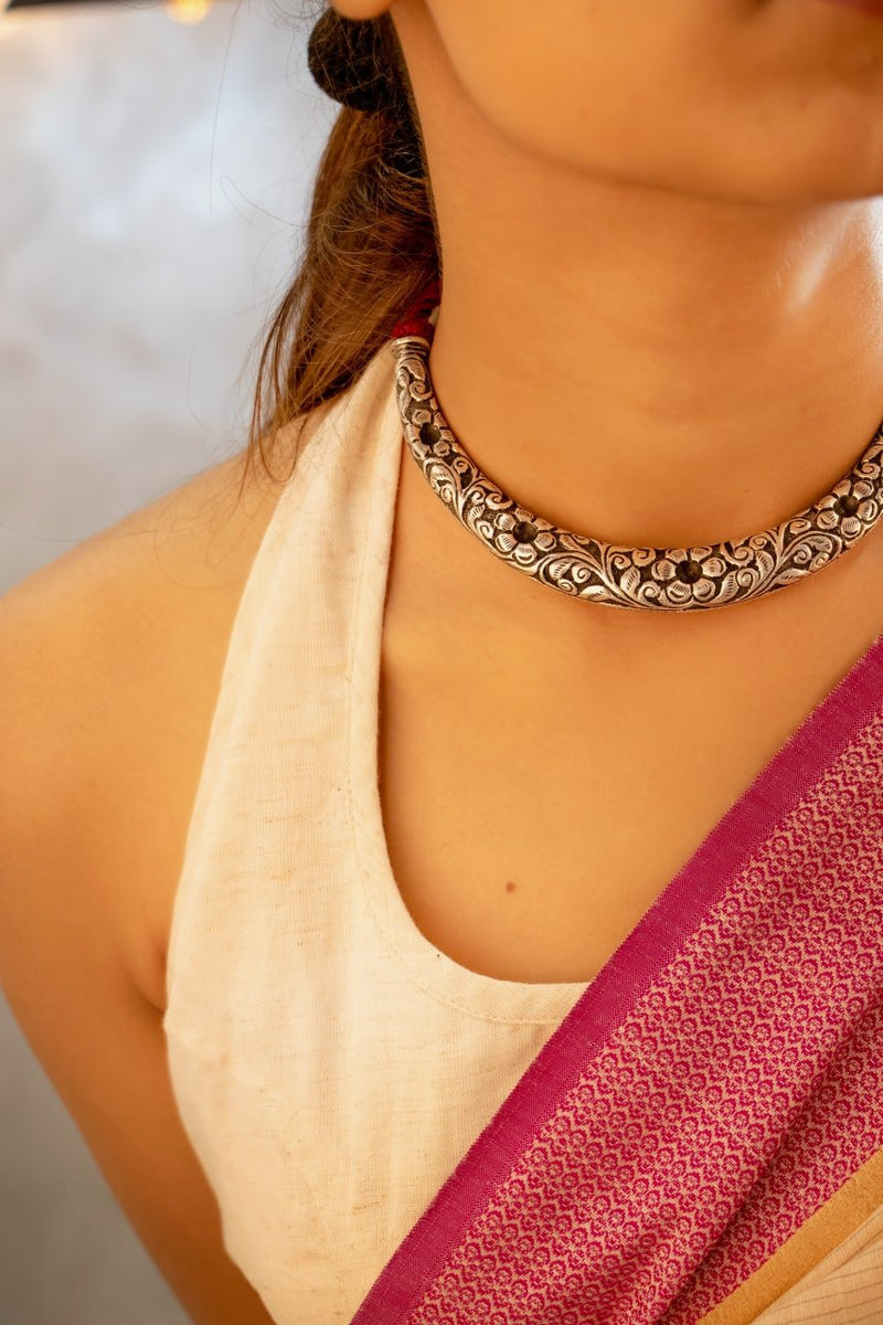92.5 sterling silver Tattva Flora Detailed Embossed Hasli, view 3