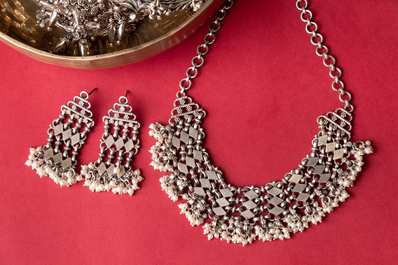 Tattva Intricate Jali Pearl Drop Choker Set