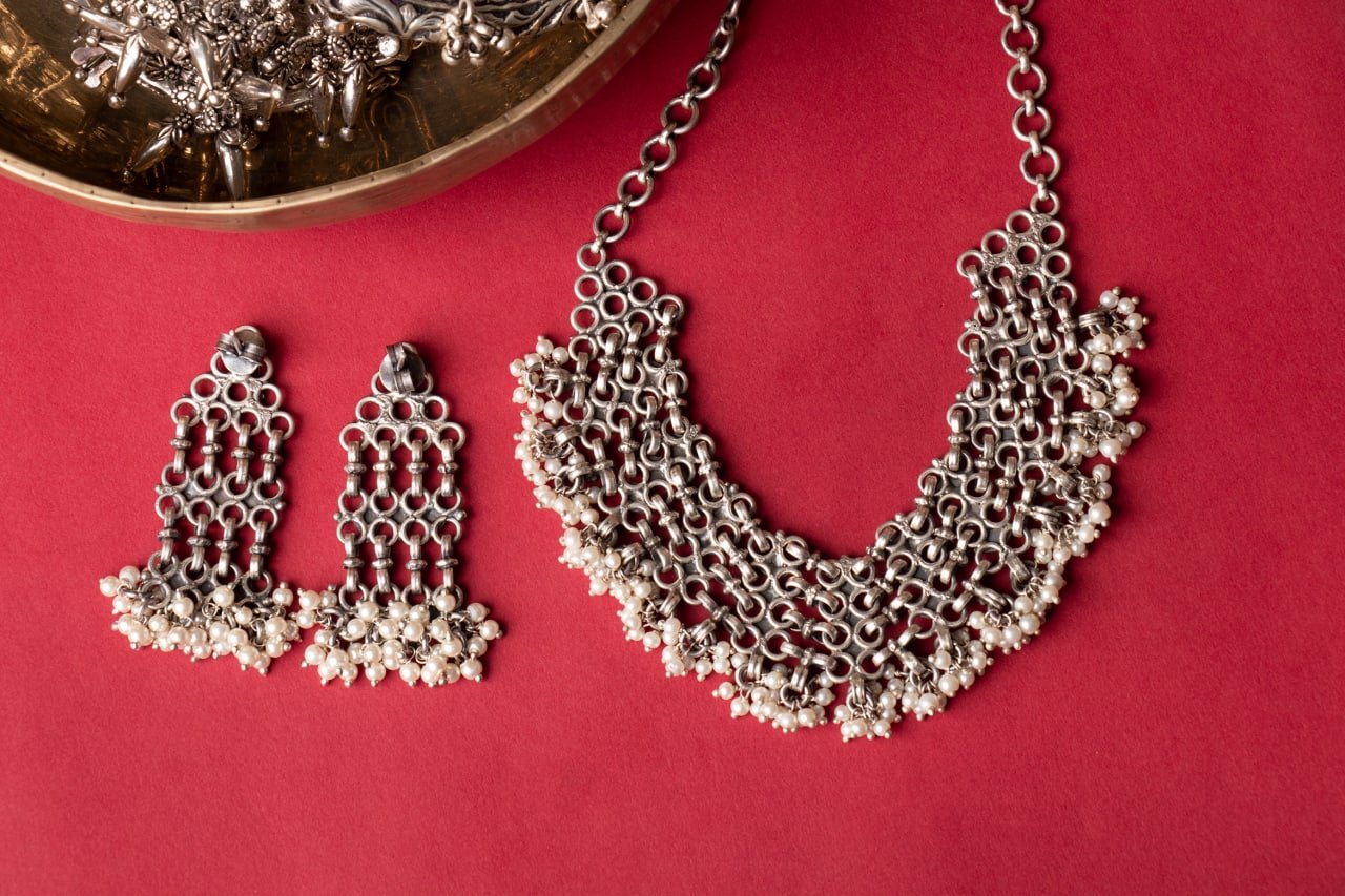 Tattva Intricate Jali Pearl Drop Choker Set