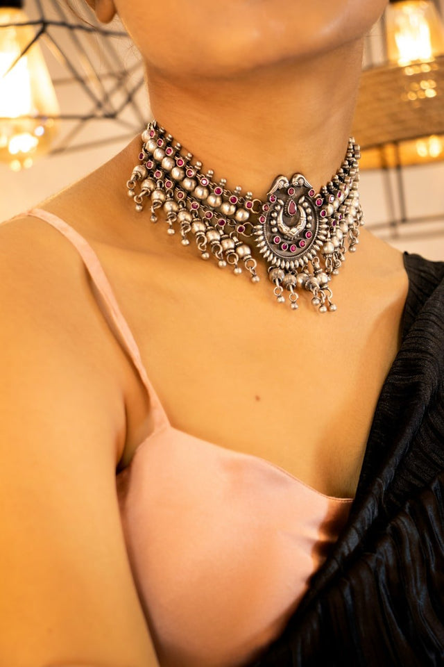 925 pure silver jadau Raani ghughri ball choker, alternate view