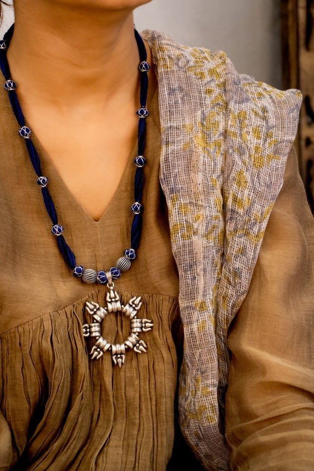 Anvaya Trishul Pendant Blue Dori Bead Necklace