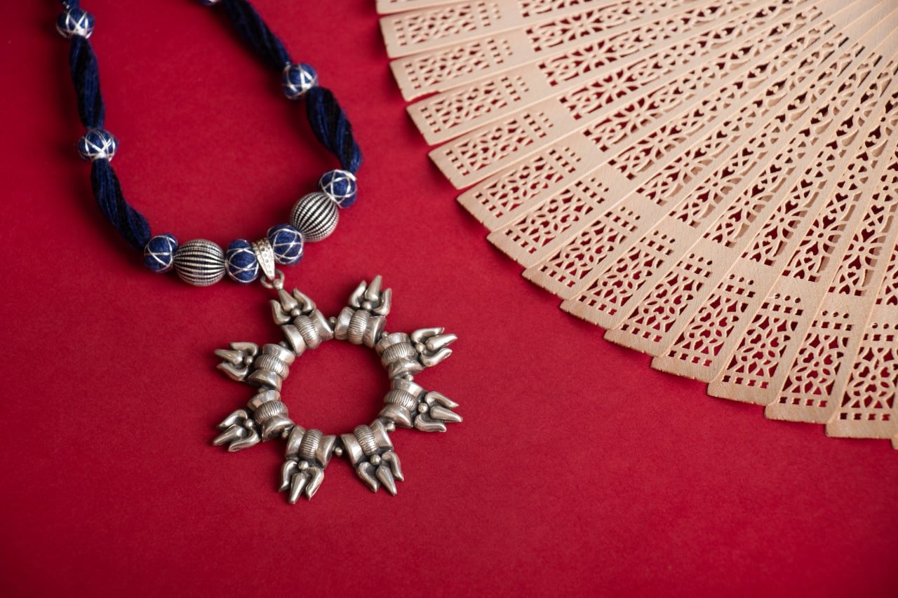 Anvaya Trishul Pendant Blue Dori Bead Necklace