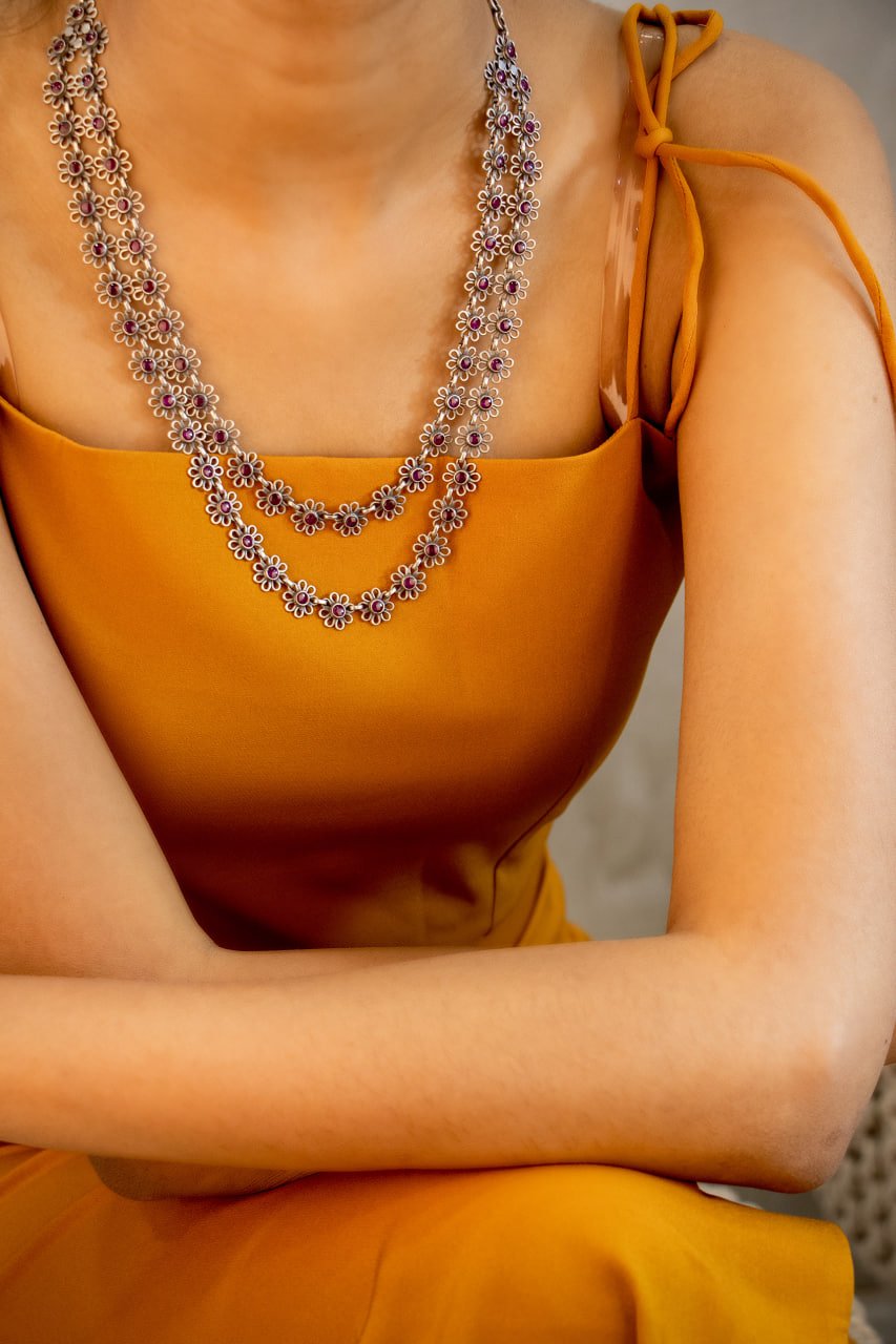 Tattva Two Layered Carved Flower Necklace