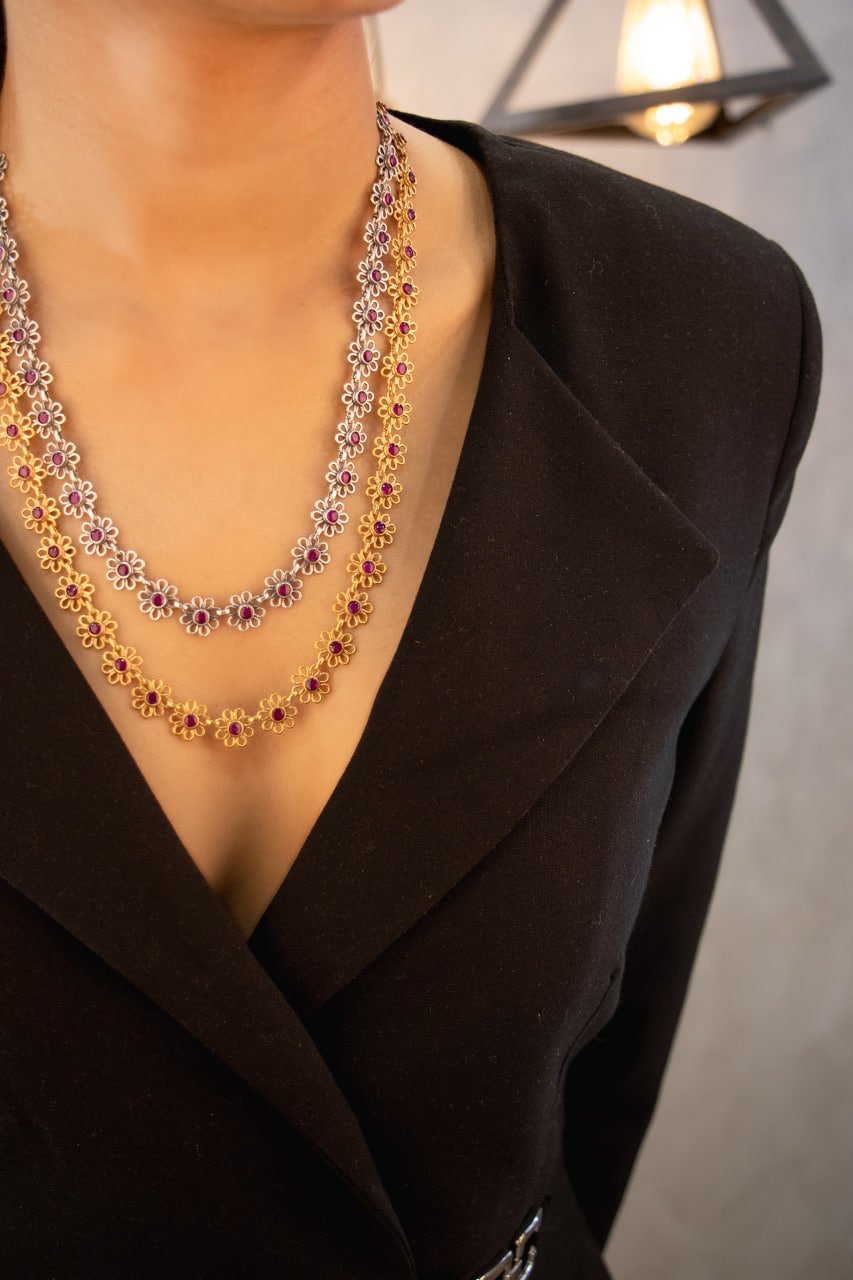 Tattva Layered Dual Tone Flower Sequence Necklace