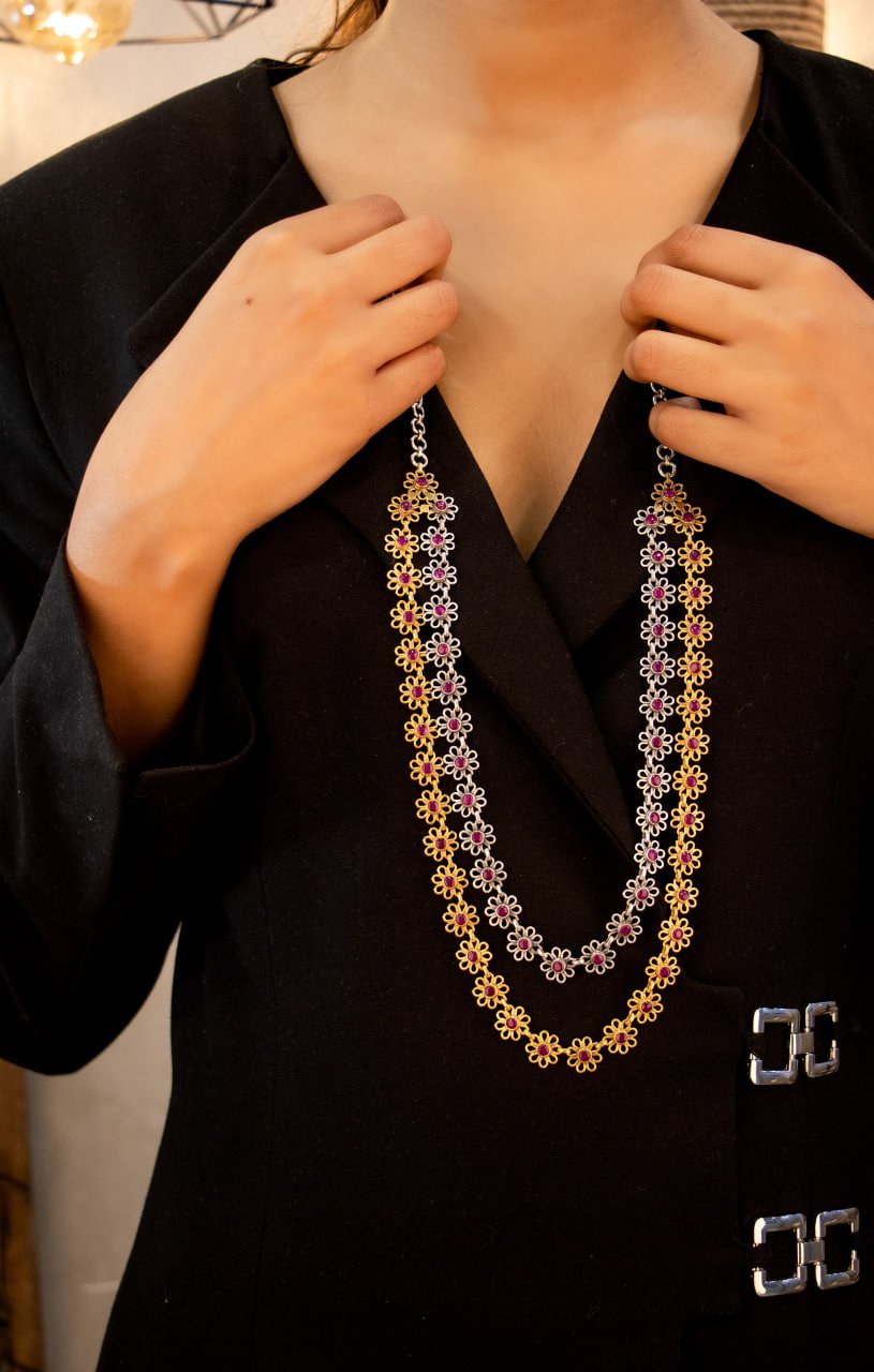 Tattva Layered Dual Tone Flower Sequence Necklace