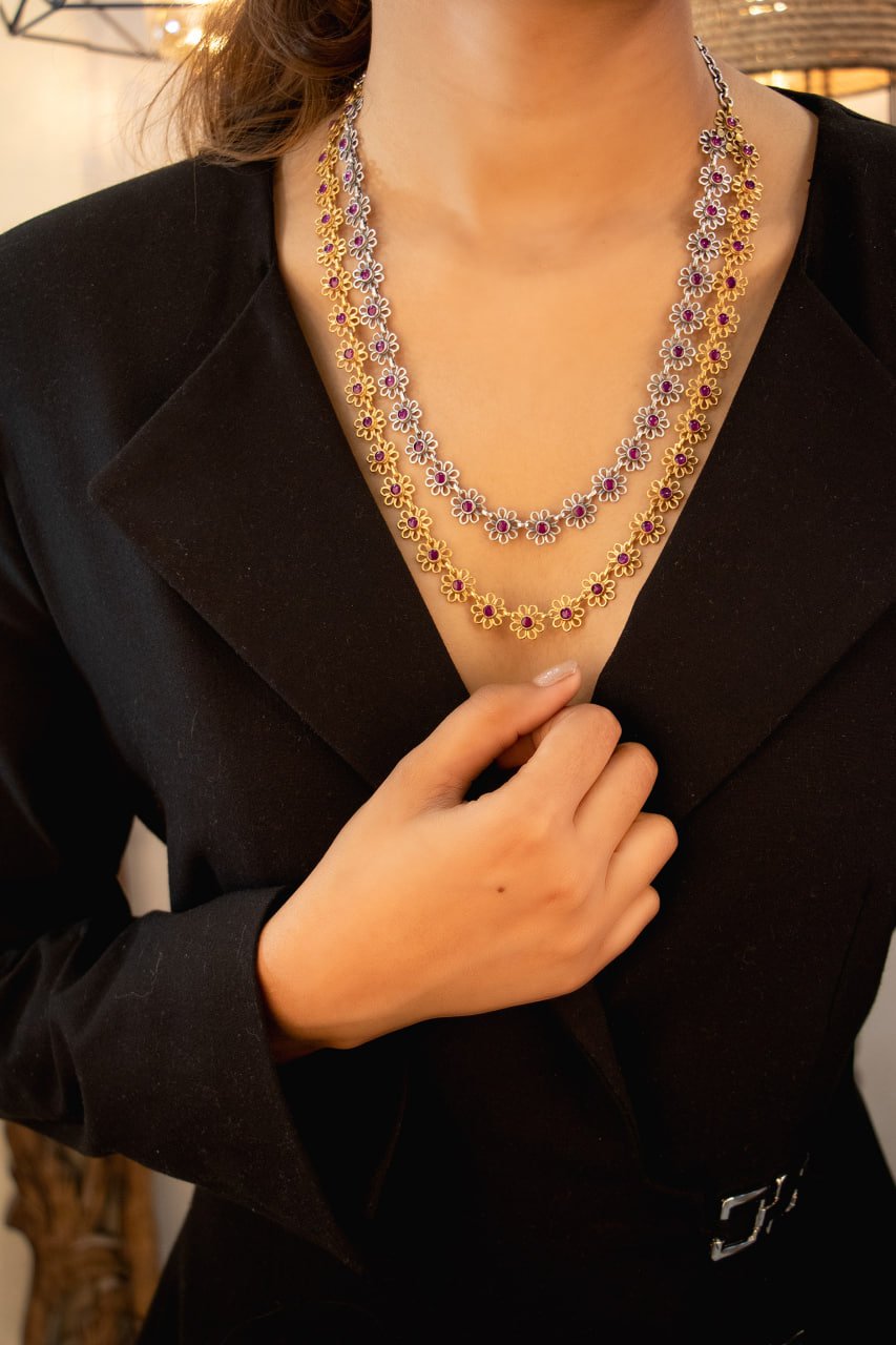 Tattva Layered Dual Tone Flower Sequence Necklace