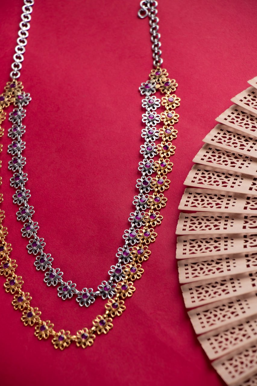 Tattva Layered Dual Tone Flower Sequence Necklace