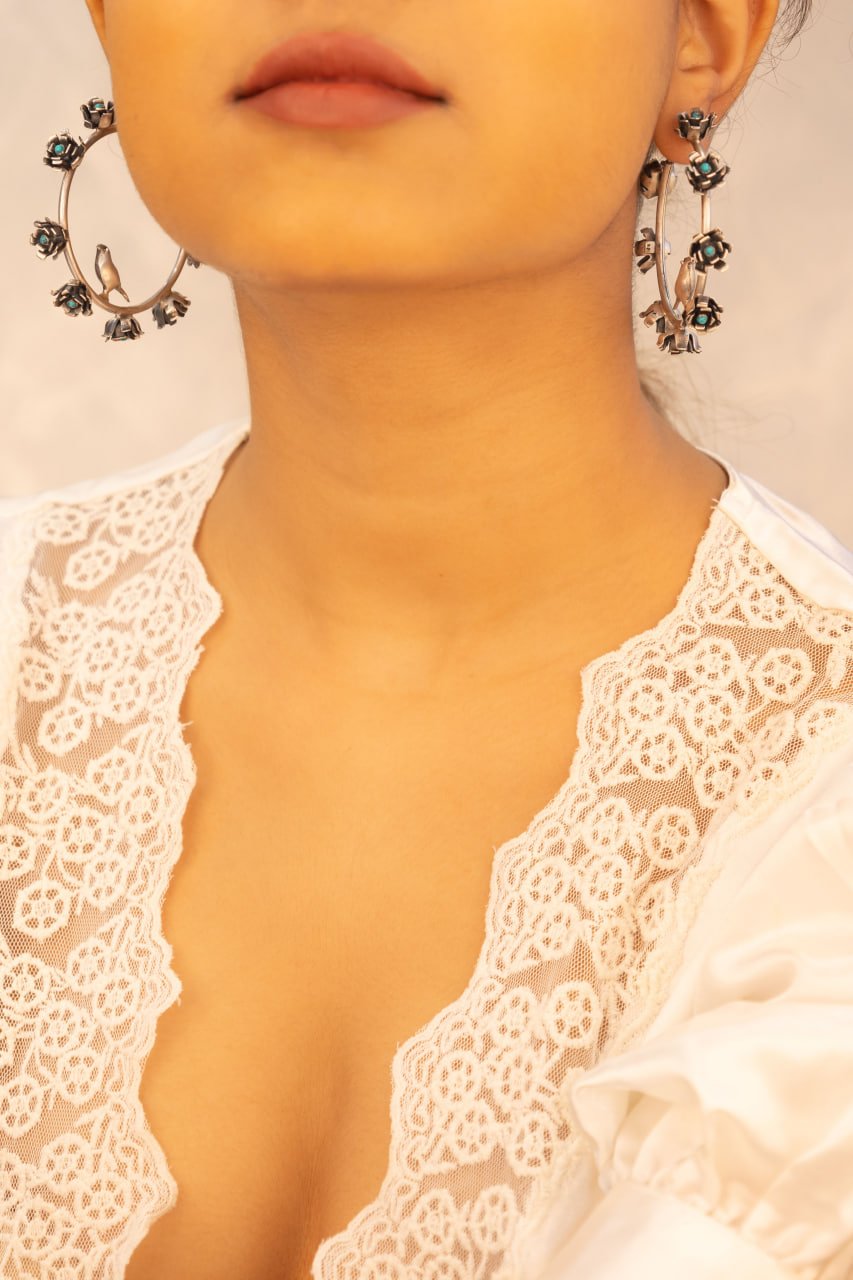Moh Turquoise Flora Bird Statement Hoops