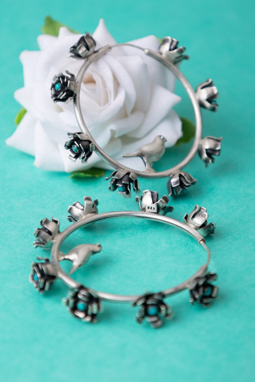 Moh Turquoise Flora Bird Statement Hoops