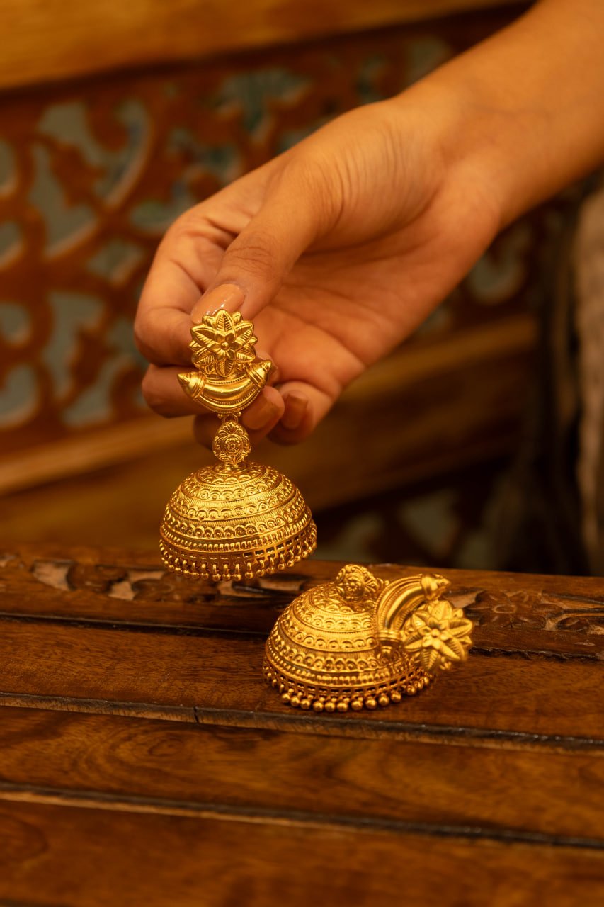 Dulari Intricate Flower Motif Gold Plated Grand Jhumka