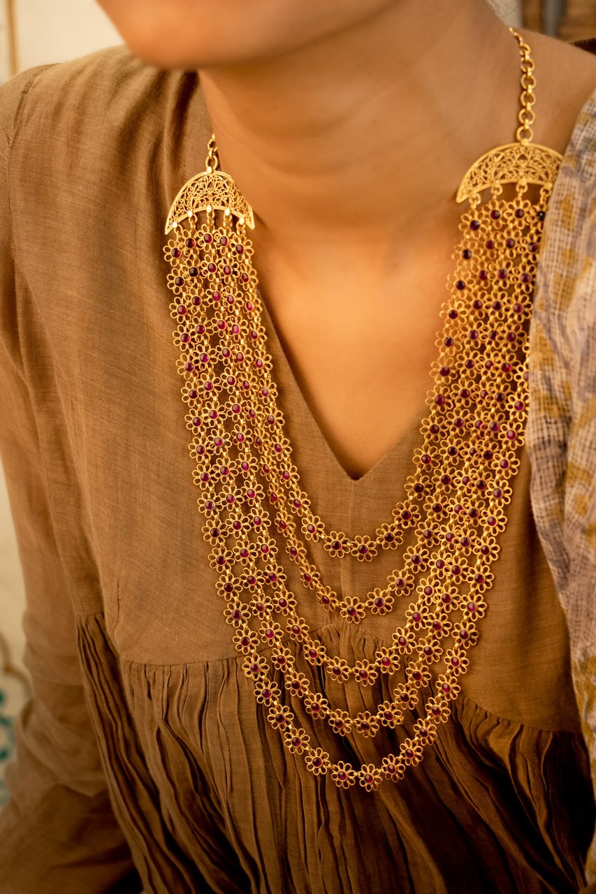 Tattva Carved Flower Layered Gold Tone Statement Necklace