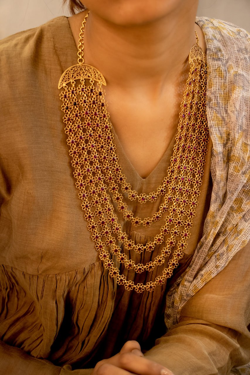 Tattva Carved Flower Layered Gold Tone Statement Necklace