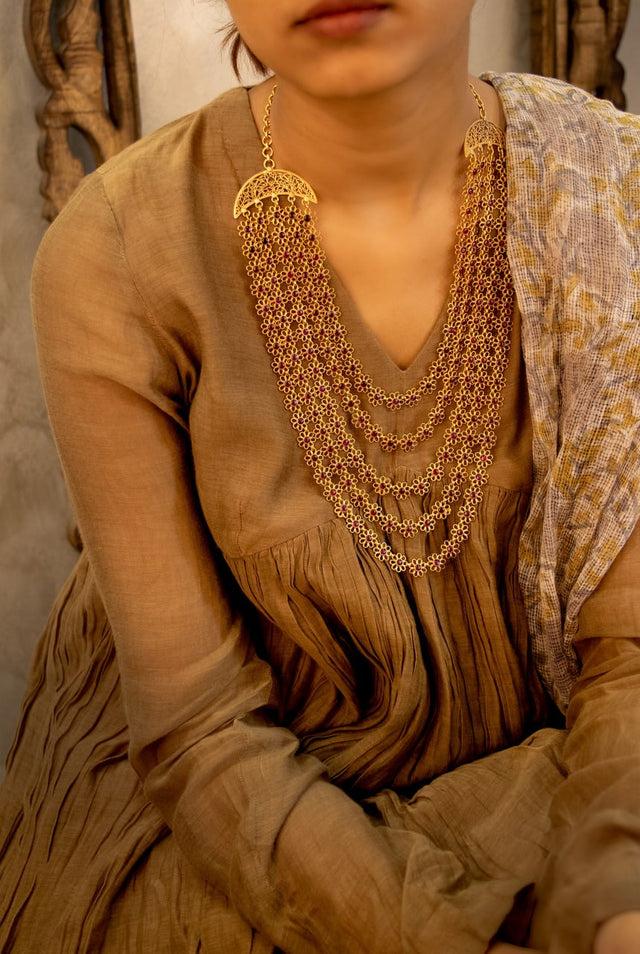 Tattva Carved Flower Layered Gold Tone Statement Necklace