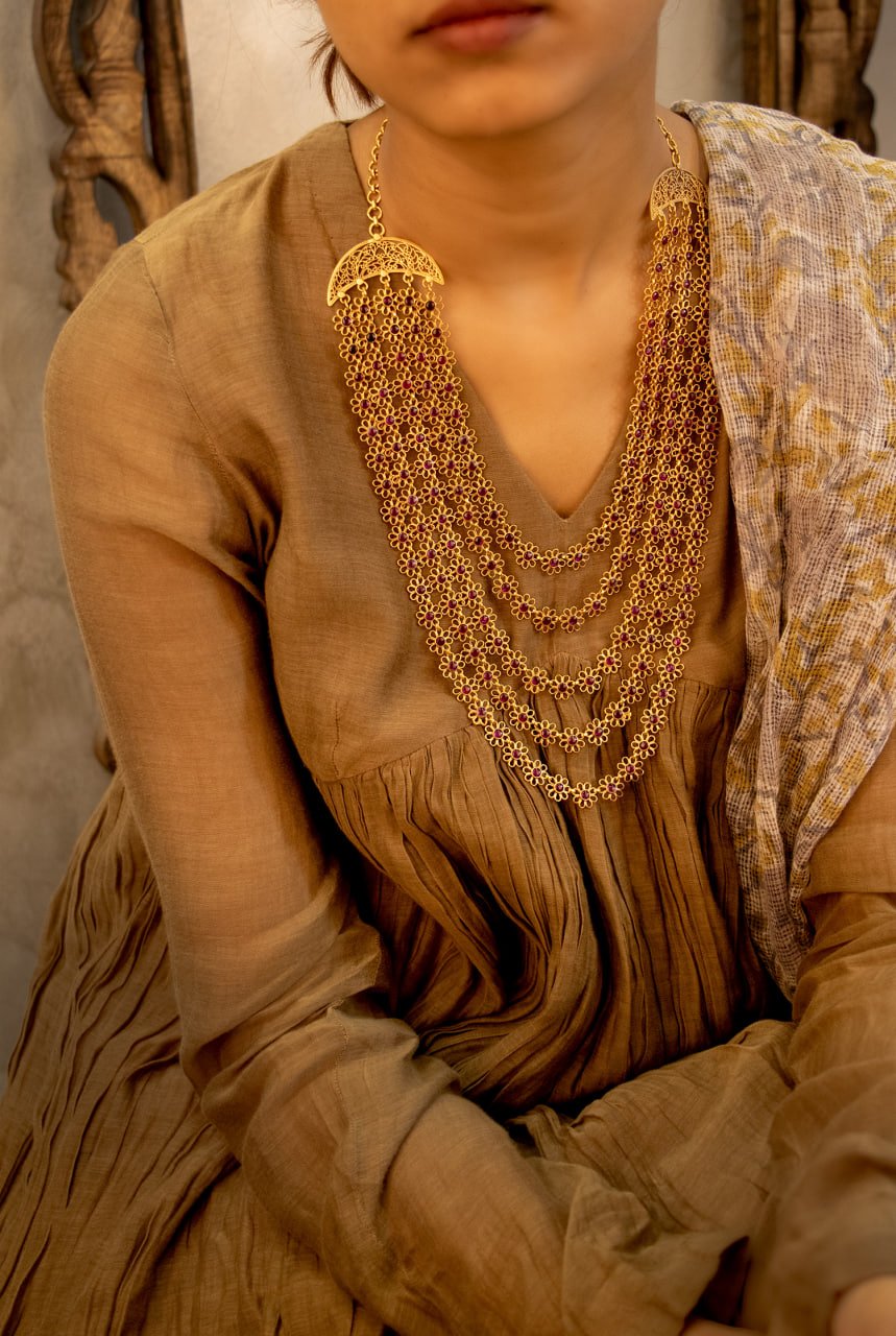 Tattva Carved Flower Layered Gold Tone Statement Necklace