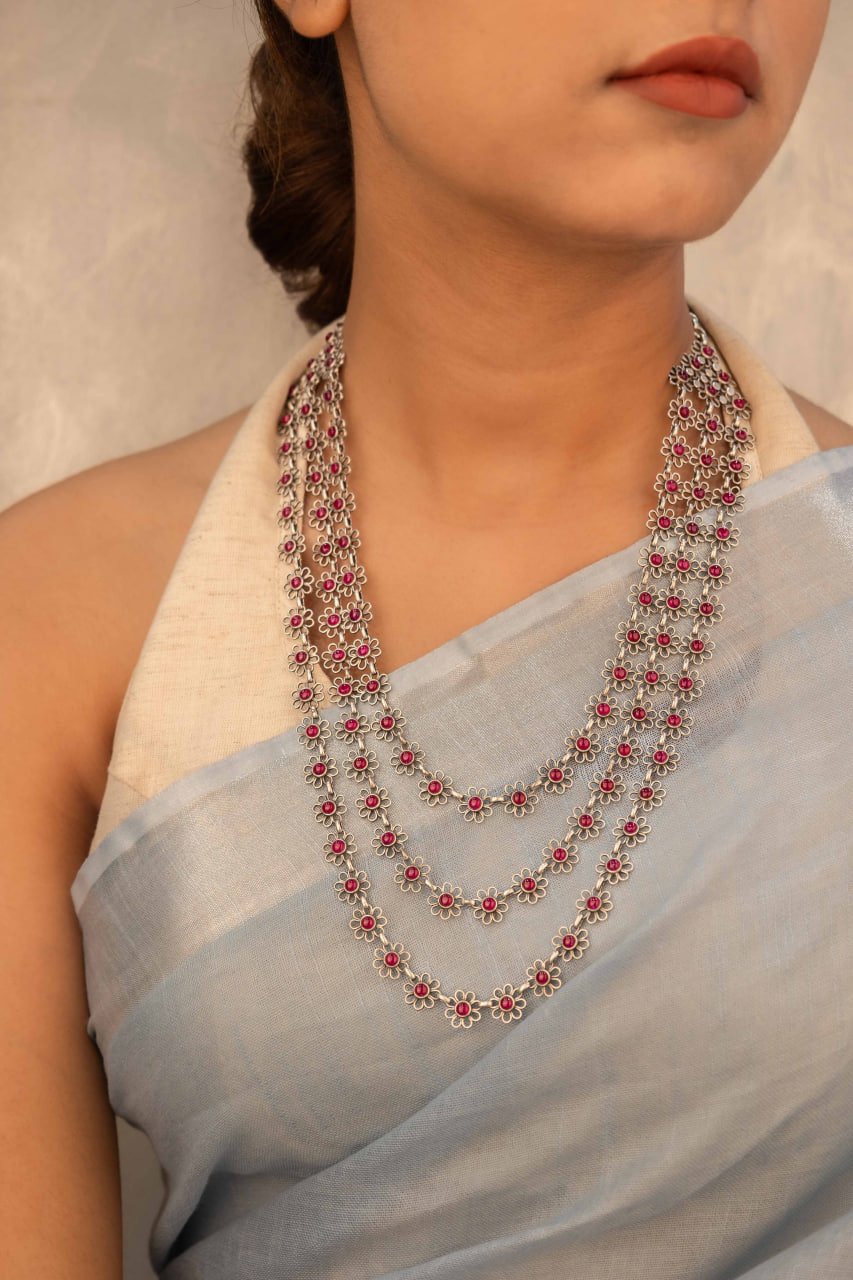 Tattva Carved Flower Three Layered Necklace Set