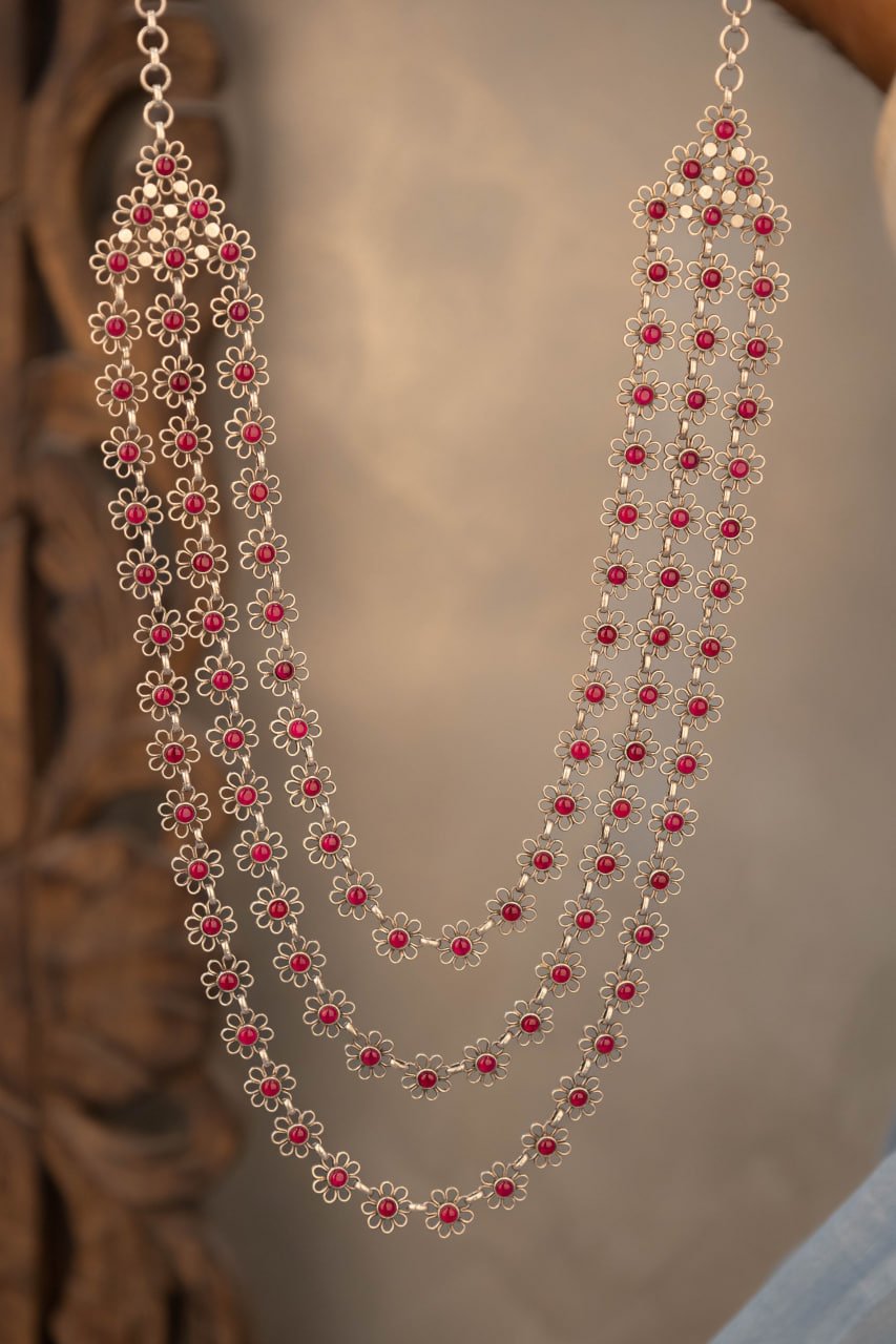 Tattva Carved Flower Three Layered Necklace Set
