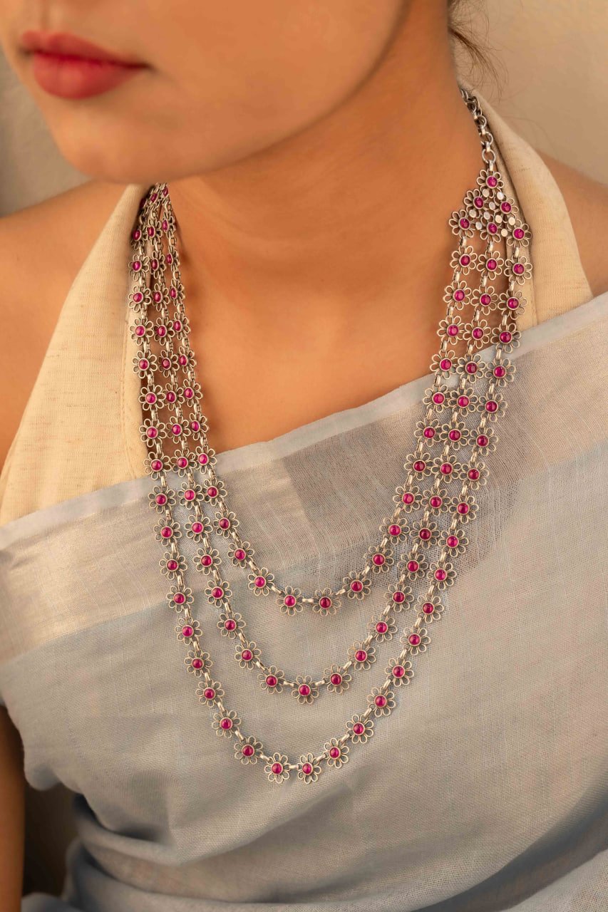 Tattva Carved Flower Three Layered Necklace Set