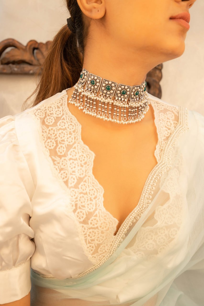 Tattva Green Jadau Tikdi Sequence Pearl Layered Necklace