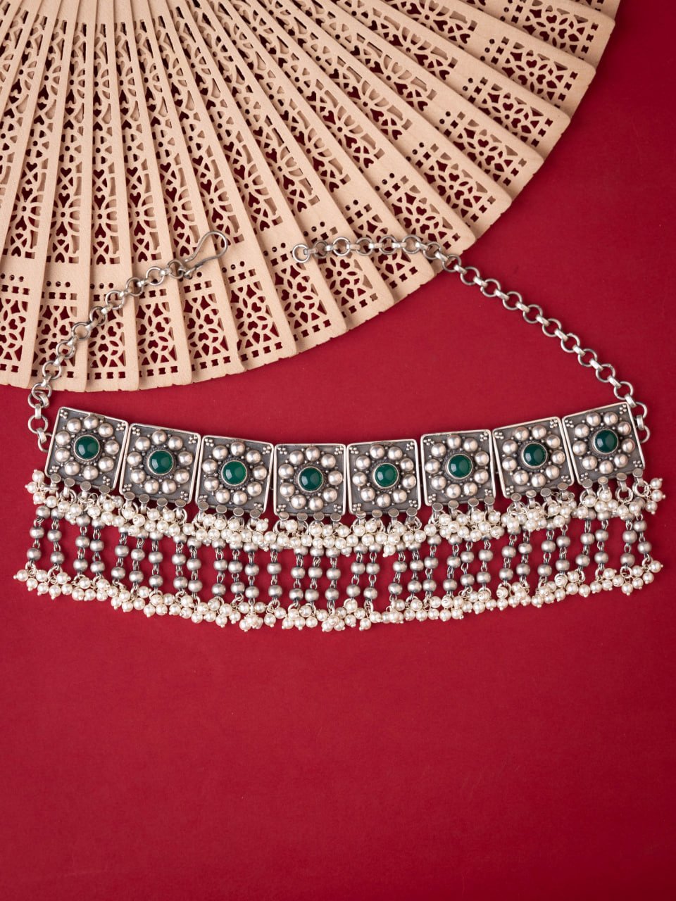 Tattva Green Jadau Tikdi Sequence Pearl Layered Necklace