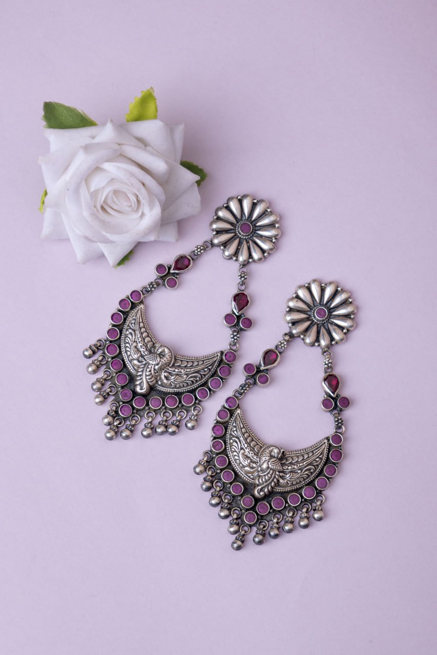 Tattva Peacock Motif Flower Embossed Jadau Statement Earring