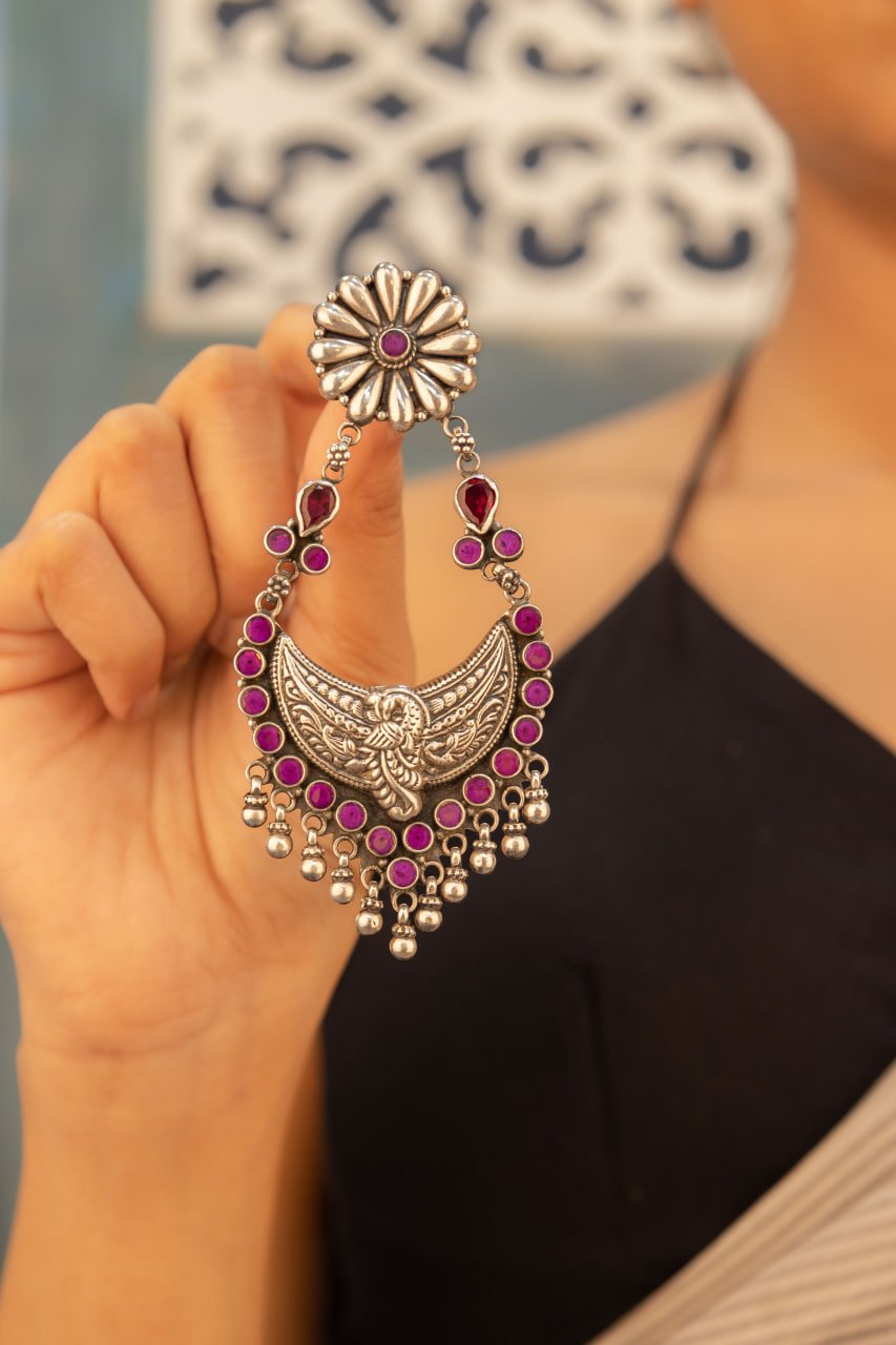 Tattva Peacock Motif Flower Embossed Jadau Statement Earring