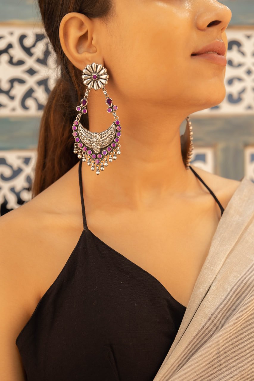 Tattva Peacock Motif Flower Embossed Jadau Statement Earring