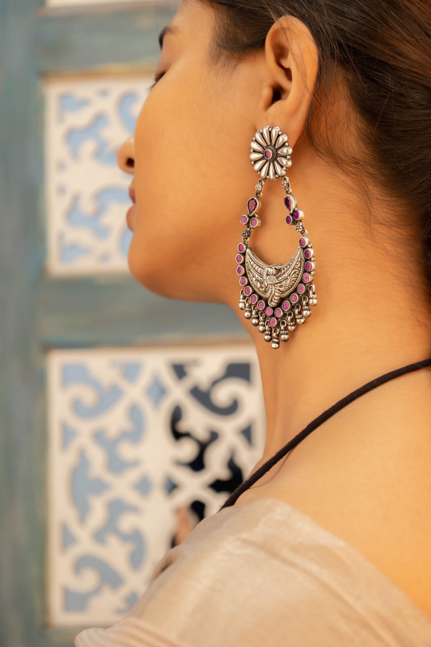 Tattva Peacock Motif Flower Embossed Jadau Statement Earring