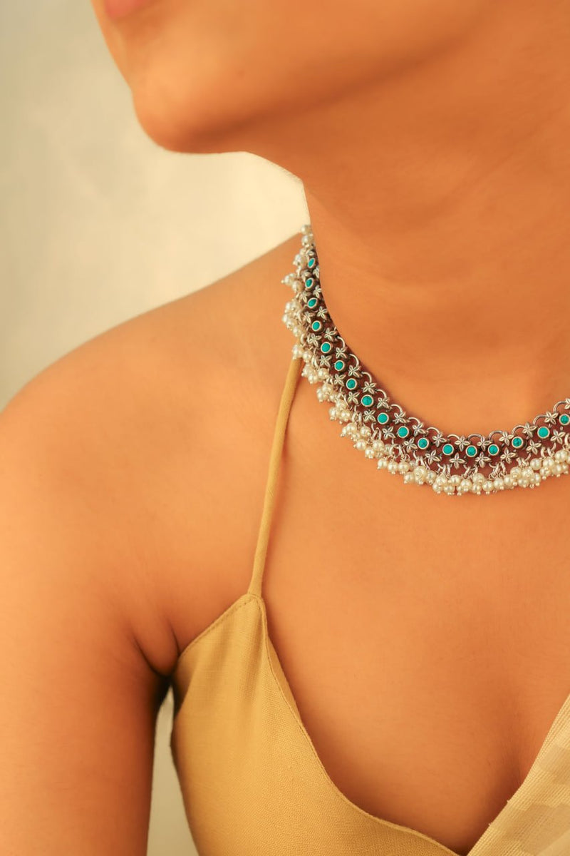 92.5 sterling silver Tattva Turquoise Jadau Pearl Drop Classic Necklace