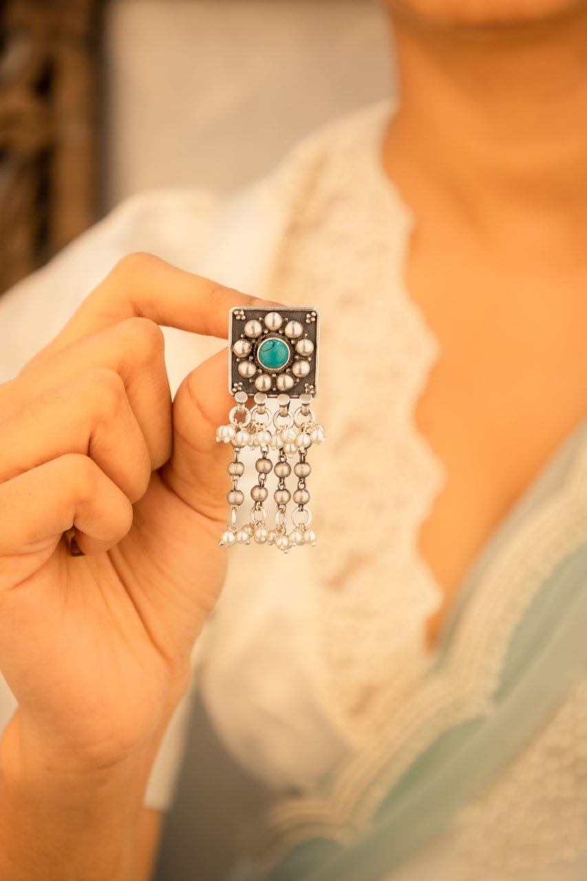 Tattva Turquoise Jadau Tikdi Pearl Layered Earring