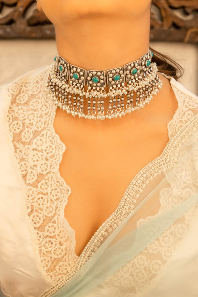Tattva Turquoise Jadau Tikdi Sequence Pearl Layered Necklace