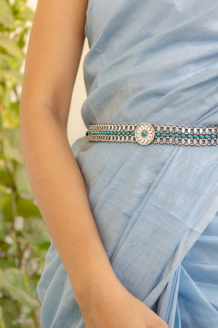 Mizoya Flower Motif Turquoise Jadau Kamarbandh