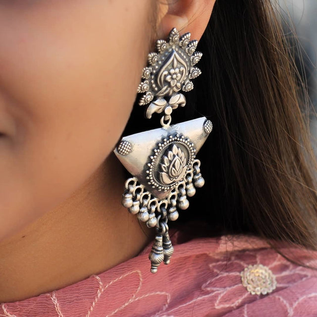 Tattva Triangular Lotus Motif Embossed Earrings-2