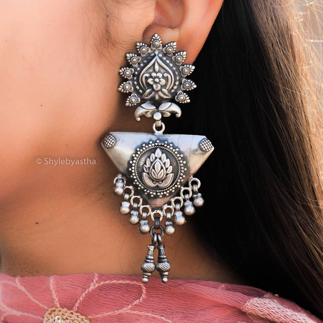 Tattva Triangular Lotus Motif Embossed Earrings-1