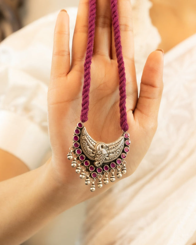 Adya Peacock Motif Ghughri Drop Dori Necklace