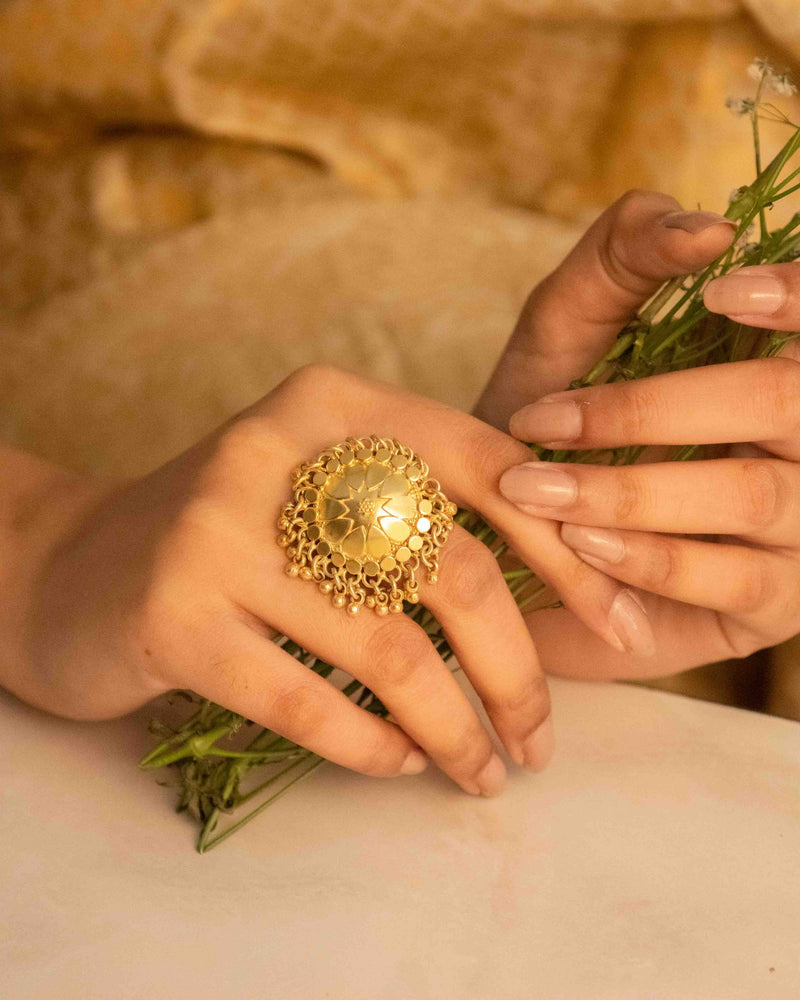 Moh Petal Motif Ghughri Gold Plated Ring
