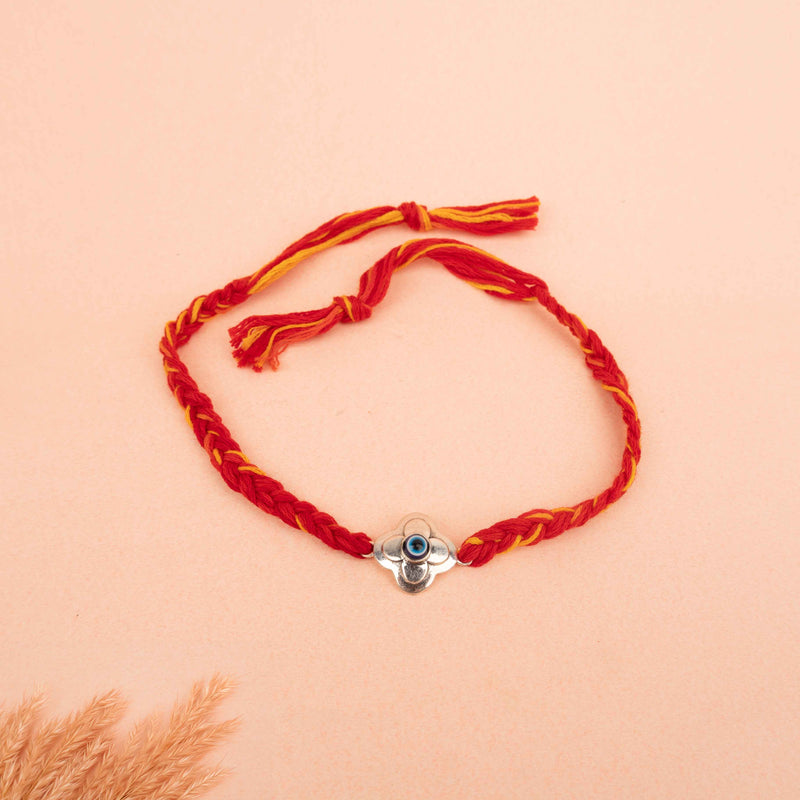 925 pure silver evil eye blossom rakhi, side view