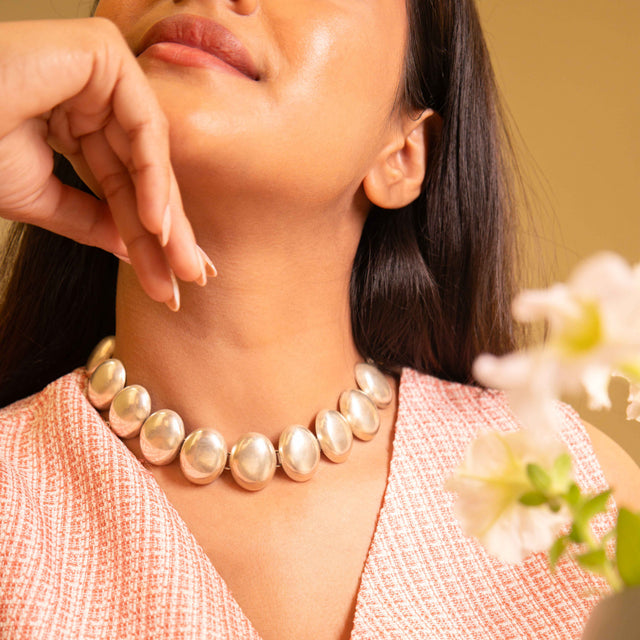 925 pure silver matte oval sequence choker necklace
